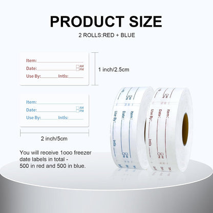 Removable Food Labels 2 Rolls 1000 Pcs Waterproof Oil-Resistant Write-On Date Stickers with Bonus Pen Freezer Refrigerator Food Container Labels for Meal Prep & Organization