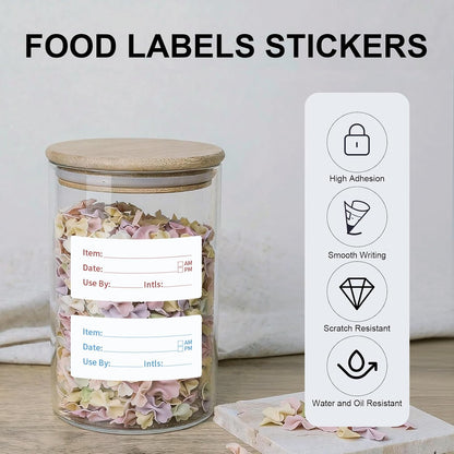 Removable Food Labels 2 Rolls 1000 Pcs Waterproof Oil-Resistant Write-On Date Stickers with Bonus Pen Freezer Refrigerator Food Container Labels for Meal Prep & Organization