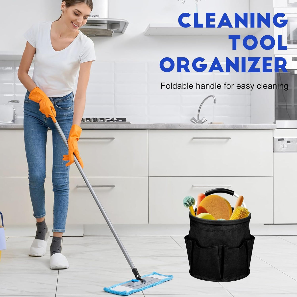 Cleaning Caddy for Cleaning Supplies,17L Cleaning Supply Caddy with Handle Foldable Cleaning Supplies Organizer Bucket Cleaning Products Organizers for Home, Garden(Navy Blue)