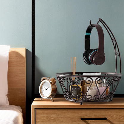 Fruit Basket Bowl with Banana Tree Hanger, Bronze