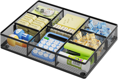 Desk Drawer Organizer, Metal Mesh Drawer Organizer Tray with 5 Adjustable Compartments,Desk Organizers and Accessories for Home,Office,Kitchen,Makeup,Vanity (Black)