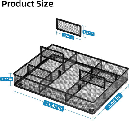 Desk Drawer Organizer, Metal Mesh Drawer Organizer Tray with 5 Adjustable Compartments,Desk Organizers and Accessories for Home,Office,Kitchen,Makeup,Vanity (Black)