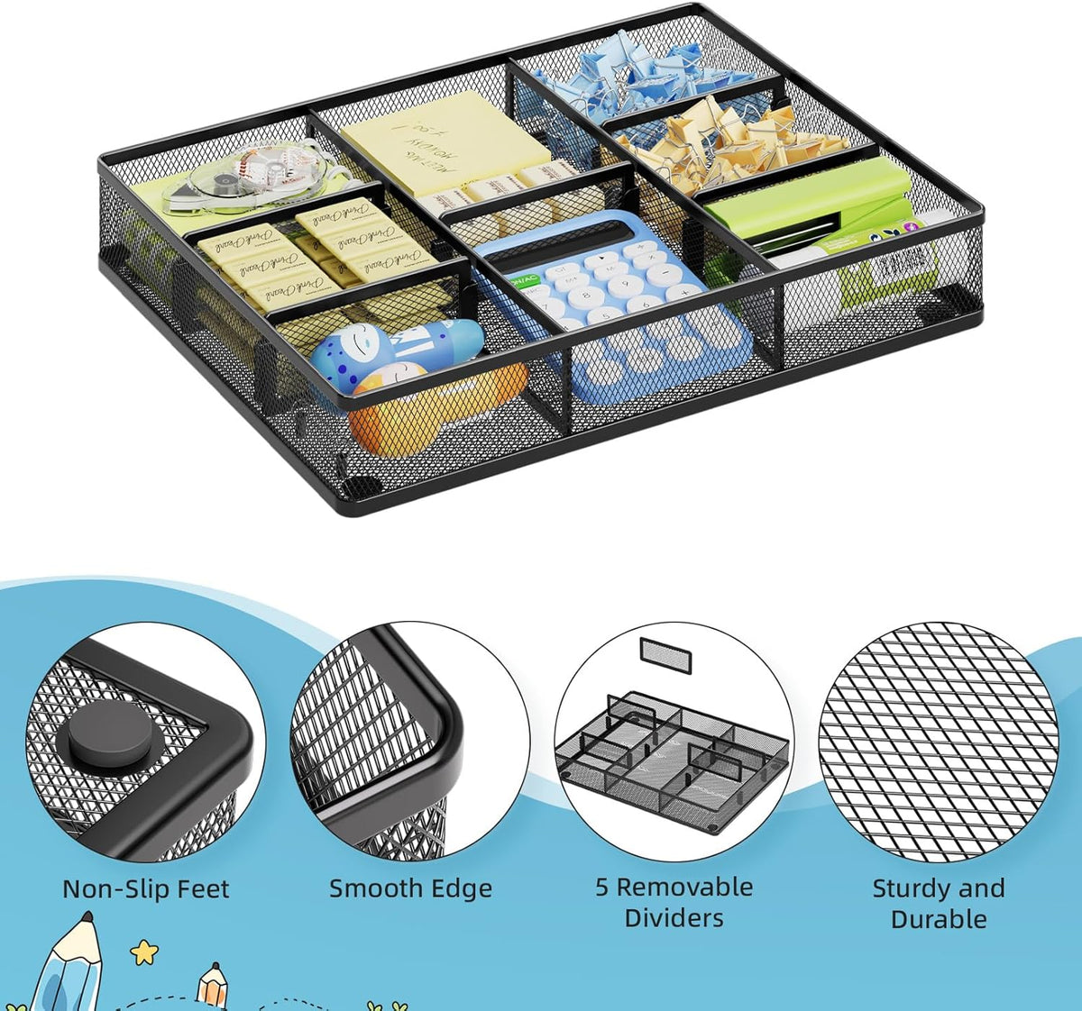 Desk Drawer Organizer, Metal Mesh Drawer Organizer Tray with 5 Adjustable Compartments,Desk Organizers and Accessories for Home,Office,Kitchen,Makeup,Vanity (Black)