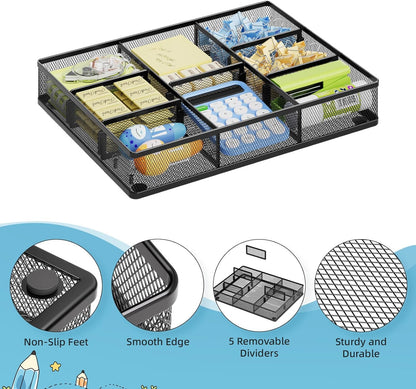 Desk Drawer Organizer, Metal Mesh Drawer Organizer Tray with 5 Adjustable Compartments,Desk Organizers and Accessories for Home,Office,Kitchen,Makeup,Vanity (Black)