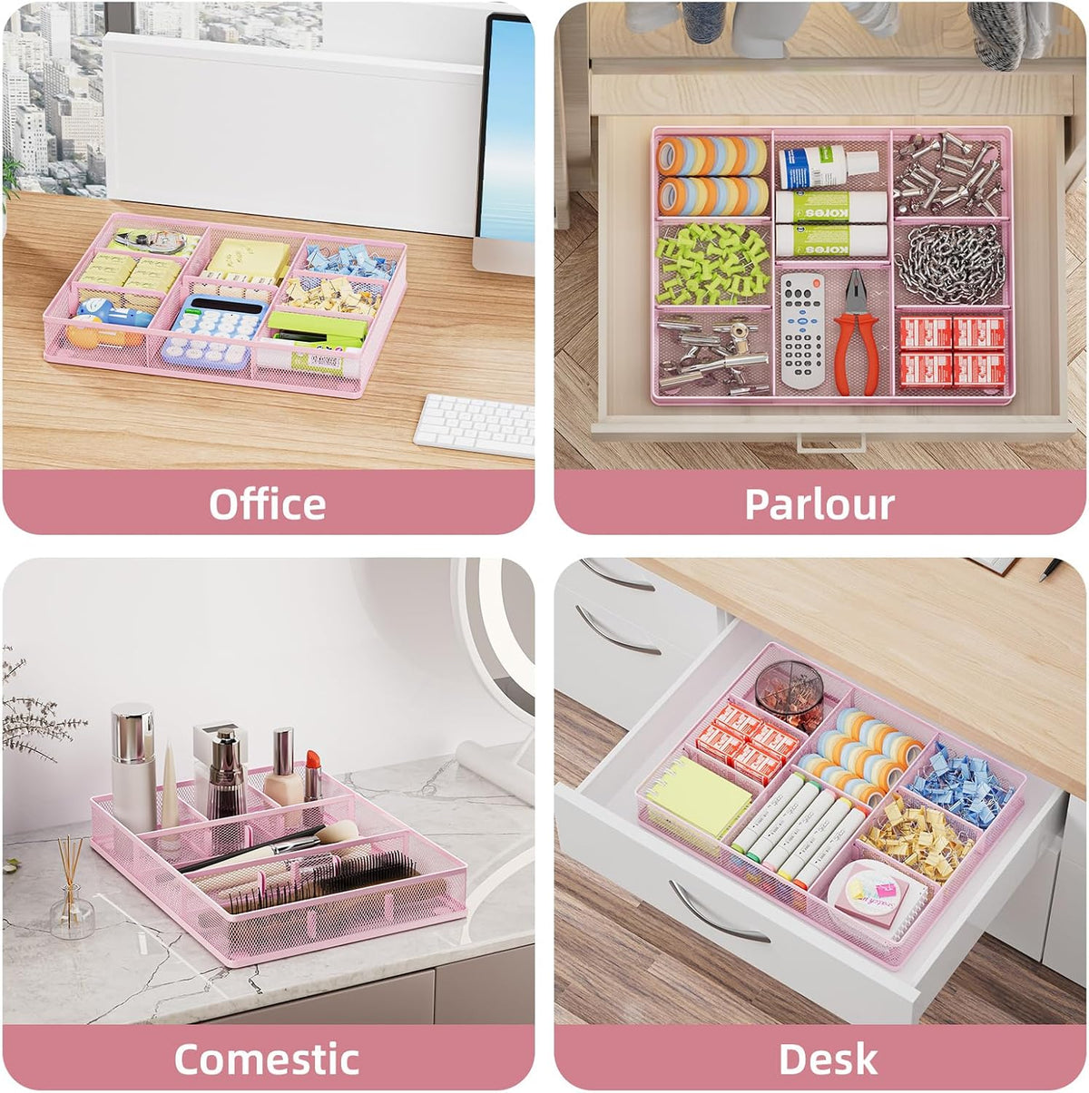 Desk Drawer Organizer, Metal Mesh Drawer Organizer Tray with 5 Adjustable Compartments,Desk Organizers and Accessories for Home,Office,Kitchen,Makeup,Vanity (Black)