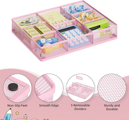 Desk Drawer Organizer, Metal Mesh Drawer Organizer Tray with 5 Adjustable Compartments,Desk Organizers and Accessories for Home,Office,Kitchen,Makeup,Vanity (Black)