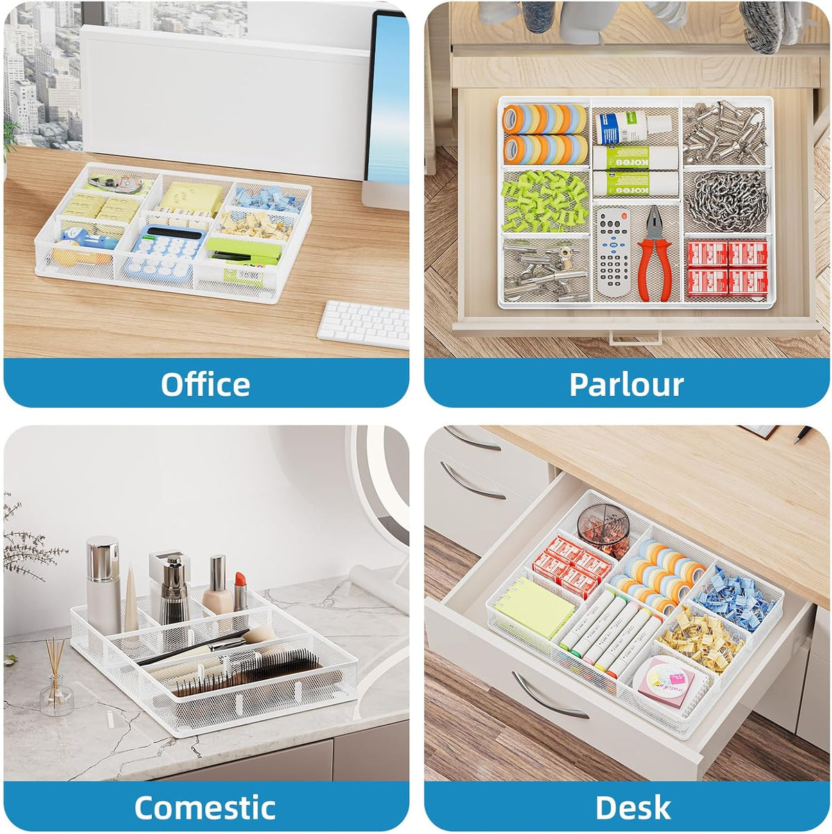 Desk Drawer Organizer, Metal Mesh Drawer Organizer Tray with 5 Adjustable Compartments,Desk Organizers and Accessories for Home,Office,Kitchen,Makeup,Vanity (Black)