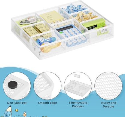 Desk Drawer Organizer, Metal Mesh Drawer Organizer Tray with 5 Adjustable Compartments,Desk Organizers and Accessories for Home,Office,Kitchen,Makeup,Vanity (Black)