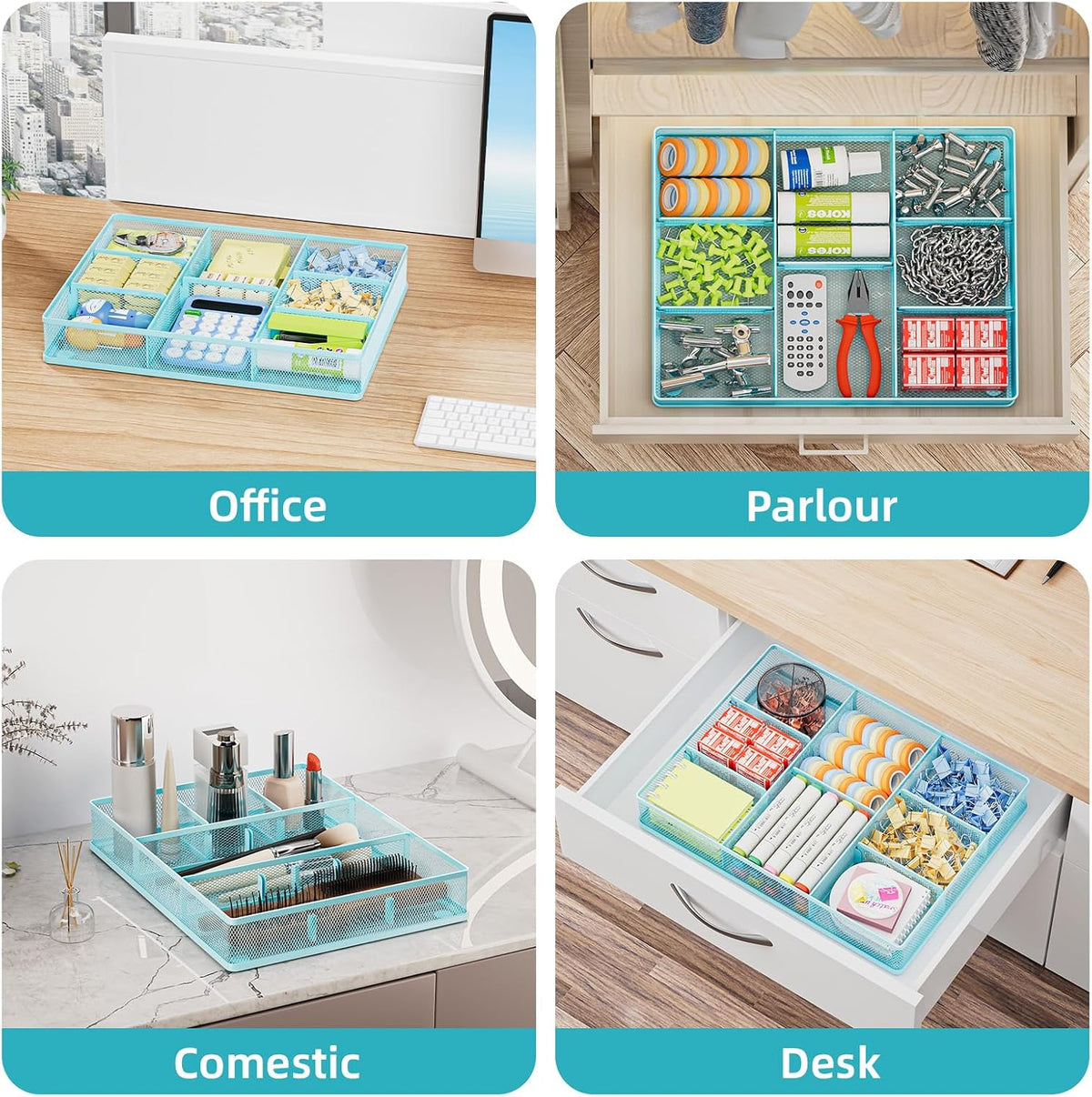 Desk Drawer Organizer, Metal Mesh Drawer Organizer Tray with 5 Adjustable Compartments,Desk Organizers and Accessories for Home,Office,Kitchen,Makeup,Vanity (Black)