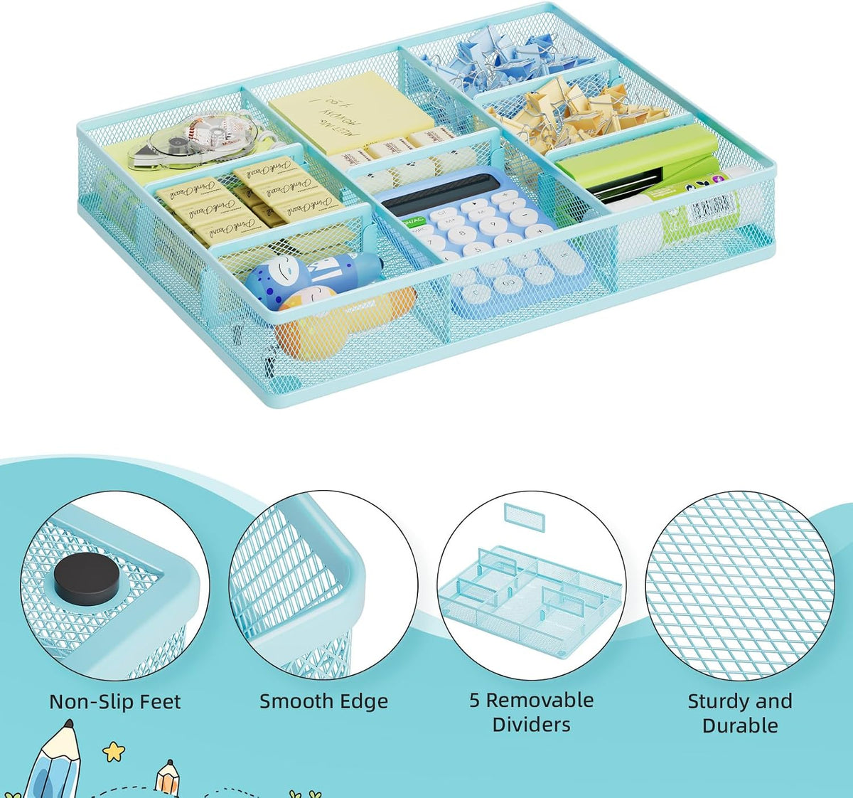 Desk Drawer Organizer, Metal Mesh Drawer Organizer Tray with 5 Adjustable Compartments,Desk Organizers and Accessories for Home,Office,Kitchen,Makeup,Vanity (Black)