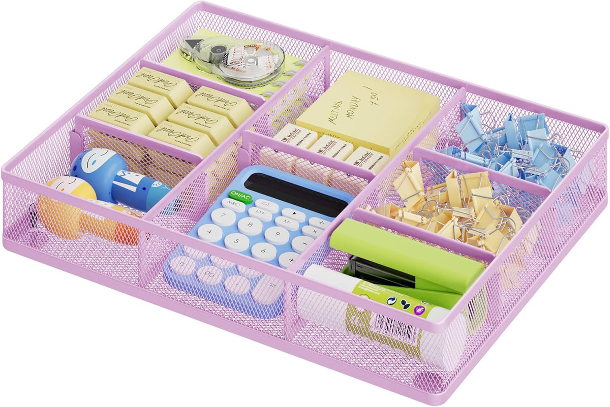 Desk Drawer Organizer, Metal Mesh Drawer Organizer Tray with 5 Adjustable Compartments,Desk Organizers and Accessories for Home,Office,Kitchen,Makeup,Vanity (Black)