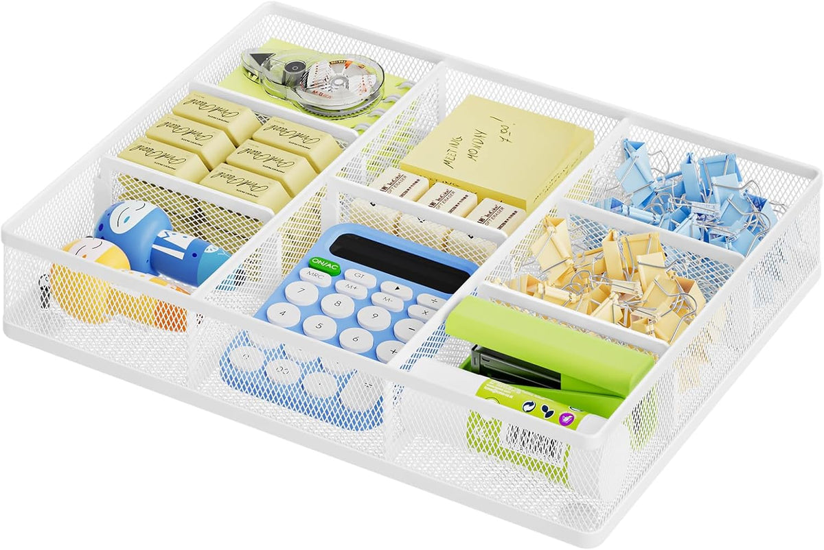 Desk Drawer Organizer, Metal Mesh Drawer Organizer Tray with 5 Adjustable Compartments,Desk Organizers and Accessories for Home,Office,Kitchen,Makeup,Vanity (Black)