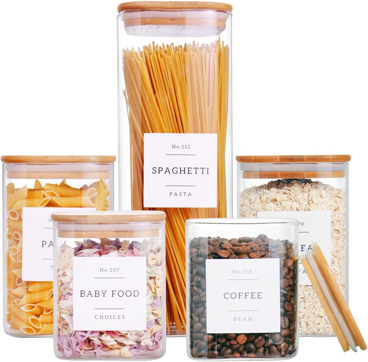 6 Pack Square Kitchen Storage Jars with Airtight Bamboo Lids and 132 Pantry Labels - 35oz Glass Canisters With Wood Lids - Food Storage Containers for Coffee, Cookie, Tea, Spice