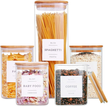 6 Pack Square Kitchen Storage Jars with Airtight Bamboo Lids and 132 Pantry Labels - 35oz Glass Canisters With Wood Lids - Food Storage Containers for Coffee, Cookie, Tea, Spice