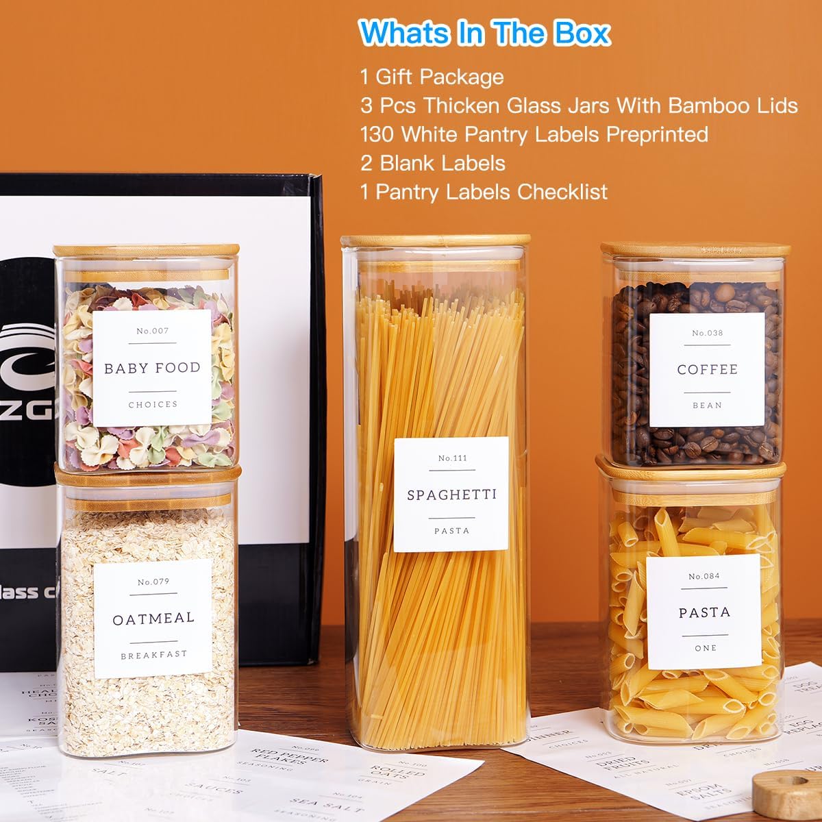 6 Pack Square Kitchen Storage Jars with Airtight Bamboo Lids and 132 Pantry Labels - 35oz Glass Canisters With Wood Lids - Food Storage Containers for Coffee, Cookie, Tea, Spice