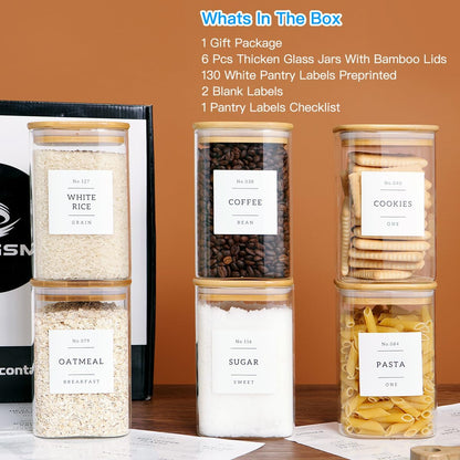 6 Pack Square Kitchen Storage Jars with Airtight Bamboo Lids and 132 Pantry Labels - 35oz Glass Canisters With Wood Lids - Food Storage Containers for Coffee, Cookie, Tea, Spice