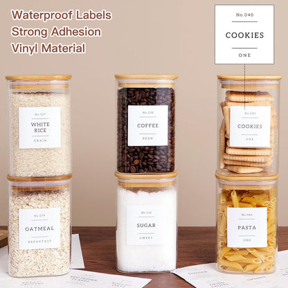 6 Pack Square Kitchen Storage Jars with Airtight Bamboo Lids and 132 Pantry Labels - 35oz Glass Canisters With Wood Lids - Food Storage Containers for Coffee, Cookie, Tea, Spice