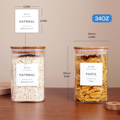 6 Pack Square Kitchen Storage Jars with Airtight Bamboo Lids and 132 Pantry Labels - 35oz Glass Canisters With Wood Lids - Food Storage Containers for Coffee, Cookie, Tea, Spice