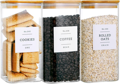 6 Pack Square Kitchen Storage Jars with Airtight Bamboo Lids and 132 Pantry Labels - 35oz Glass Canisters With Wood Lids - Food Storage Containers for Coffee, Cookie, Tea, Spice