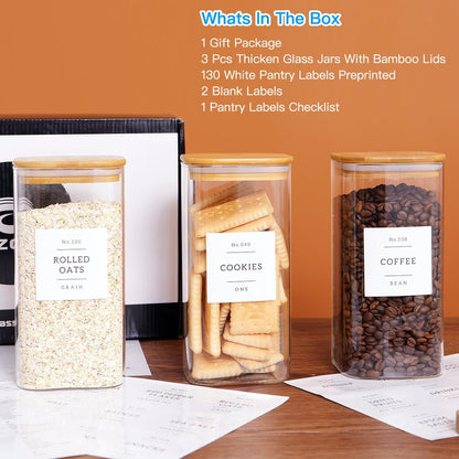 6 Pack Square Kitchen Storage Jars with Airtight Bamboo Lids and 132 Pantry Labels - 35oz Glass Canisters With Wood Lids - Food Storage Containers for Coffee, Cookie, Tea, Spice