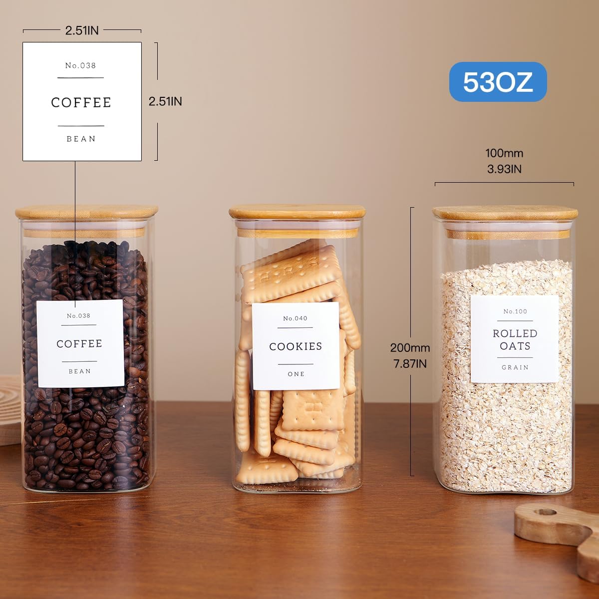 6 Pack Square Kitchen Storage Jars with Airtight Bamboo Lids and 132 Pantry Labels - 35oz Glass Canisters With Wood Lids - Food Storage Containers for Coffee, Cookie, Tea, Spice