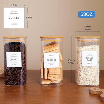 6 Pack Square Kitchen Storage Jars with Airtight Bamboo Lids and 132 Pantry Labels - 35oz Glass Canisters With Wood Lids - Food Storage Containers for Coffee, Cookie, Tea, Spice