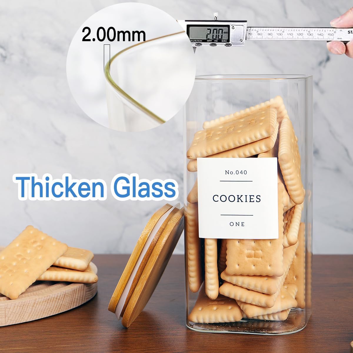 6 Pack Square Kitchen Storage Jars with Airtight Bamboo Lids and 132 Pantry Labels - 35oz Glass Canisters With Wood Lids - Food Storage Containers for Coffee, Cookie, Tea, Spice
