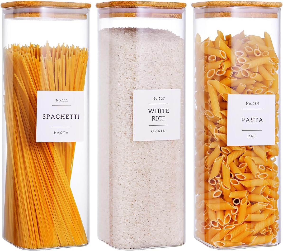 6 Pack Square Kitchen Storage Jars with Airtight Bamboo Lids and 132 Pantry Labels - 35oz Glass Canisters With Wood Lids - Food Storage Containers for Coffee, Cookie, Tea, Spice