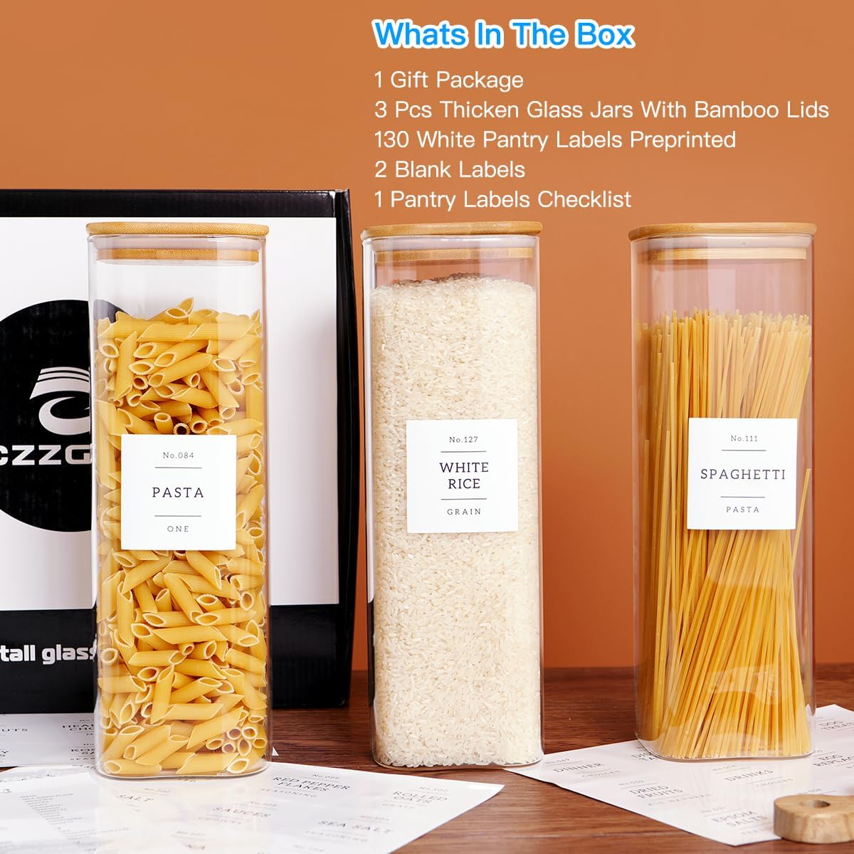 6 Pack Square Kitchen Storage Jars with Airtight Bamboo Lids and 132 Pantry Labels - 35oz Glass Canisters With Wood Lids - Food Storage Containers for Coffee, Cookie, Tea, Spice