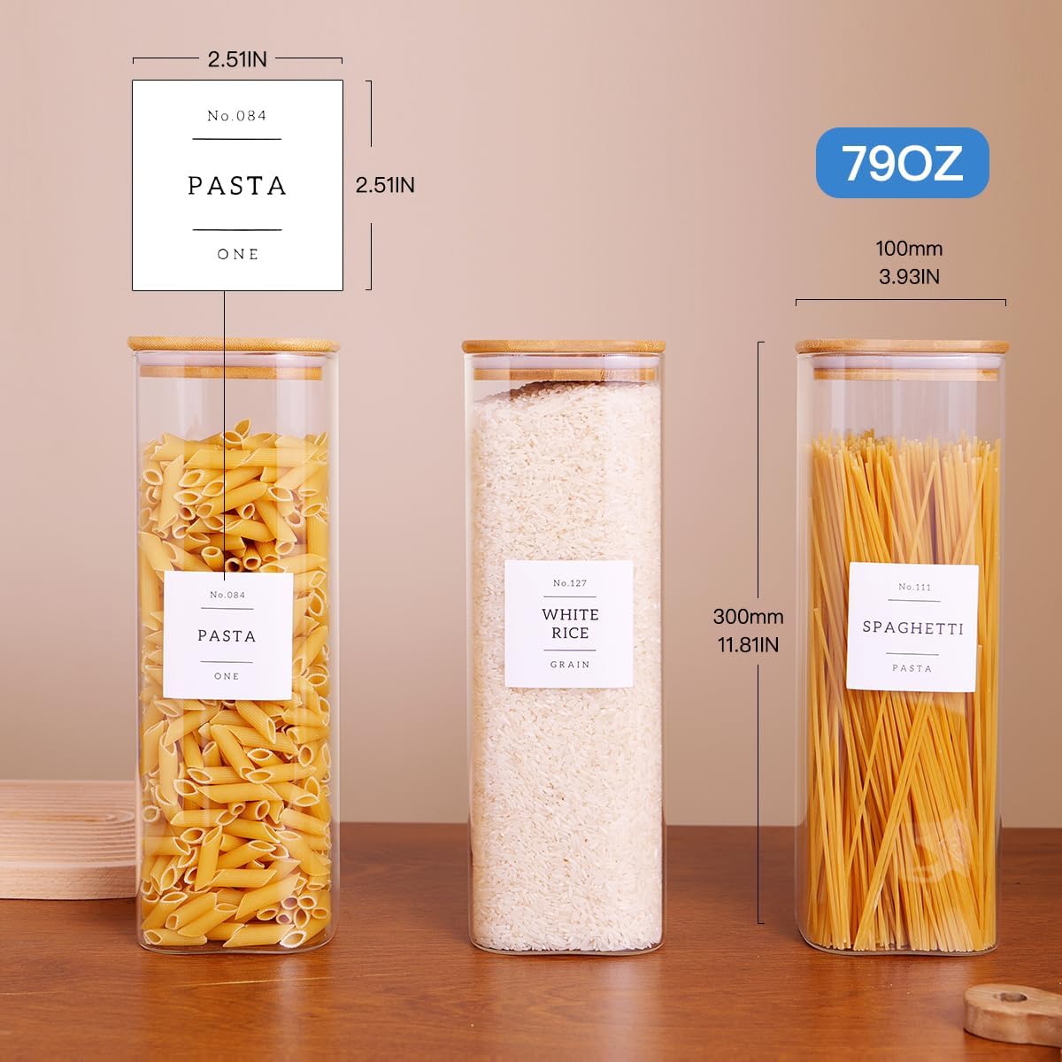 6 Pack Square Kitchen Storage Jars with Airtight Bamboo Lids and 132 Pantry Labels - 35oz Glass Canisters With Wood Lids - Food Storage Containers for Coffee, Cookie, Tea, Spice
