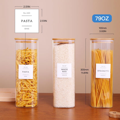 6 Pack Square Kitchen Storage Jars with Airtight Bamboo Lids and 132 Pantry Labels - 35oz Glass Canisters With Wood Lids - Food Storage Containers for Coffee, Cookie, Tea, Spice