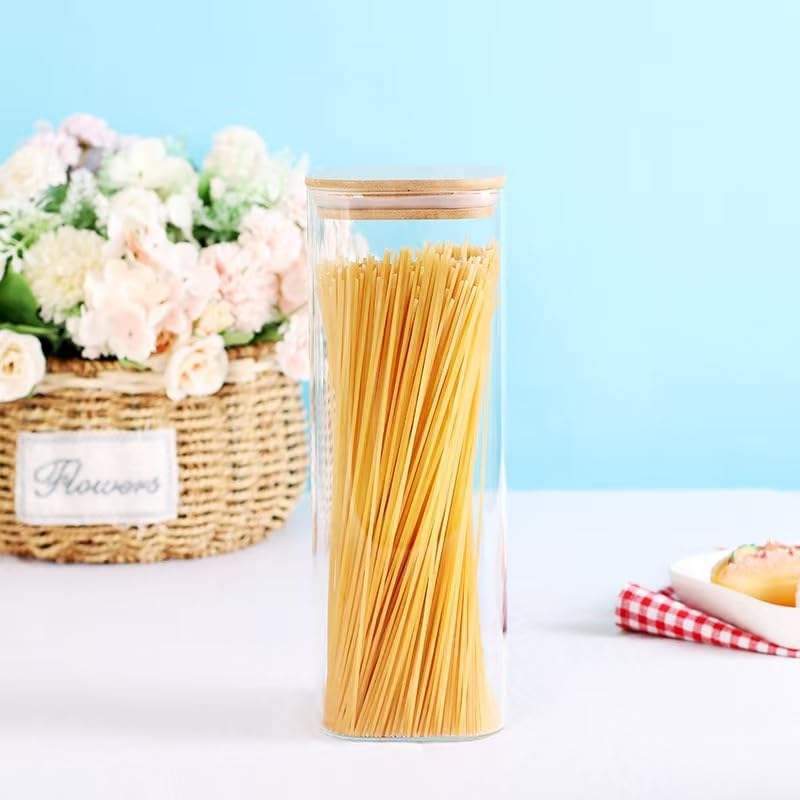 6 Pack Square Kitchen Storage Jars with Airtight Bamboo Lids and 132 Pantry Labels - 35oz Glass Canisters With Wood Lids - Food Storage Containers for Coffee, Cookie, Tea, Spice