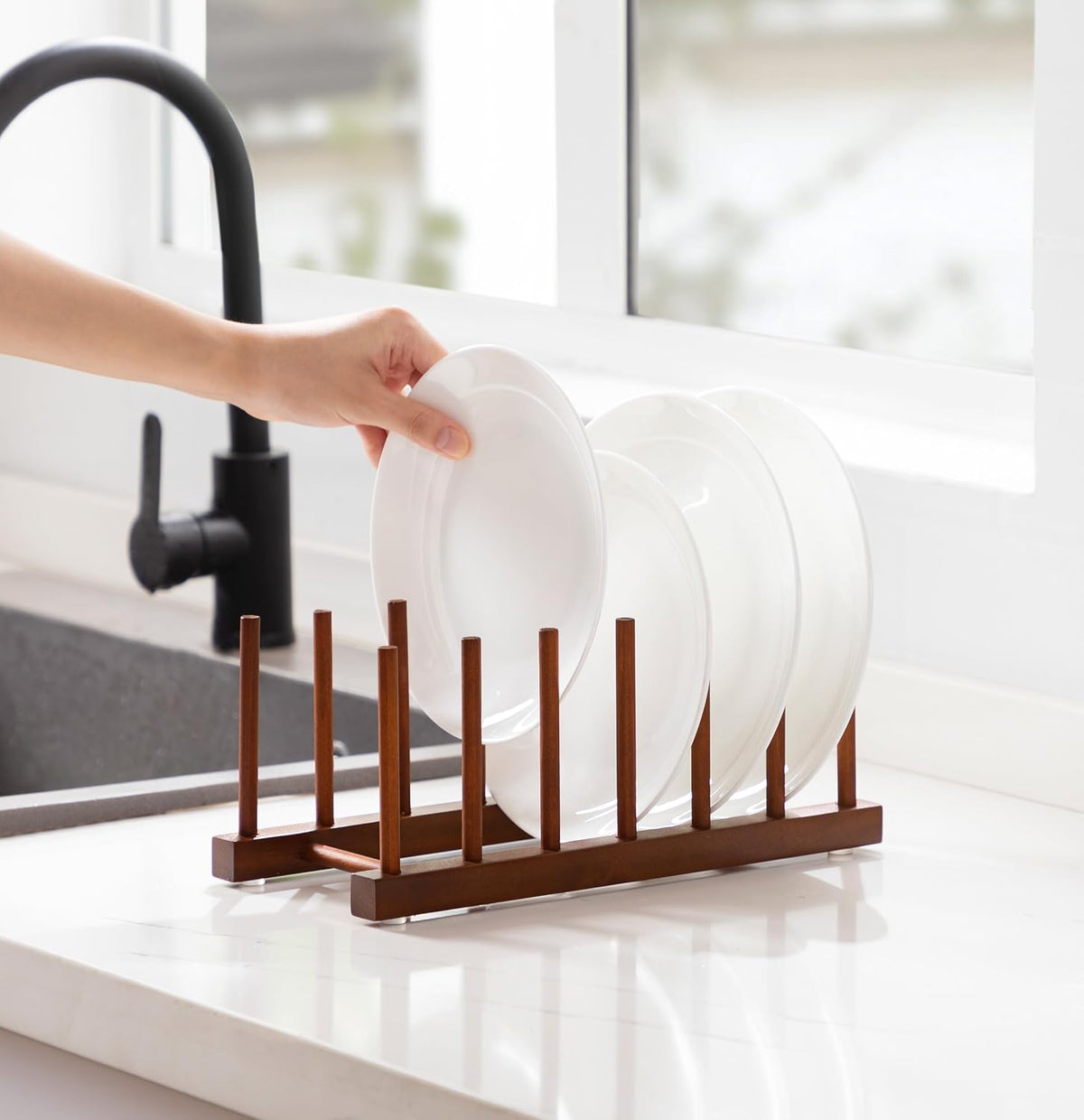 Teak Wooden Dish Drying Rack Kitchen Plate Organizer Pot Lid Holder