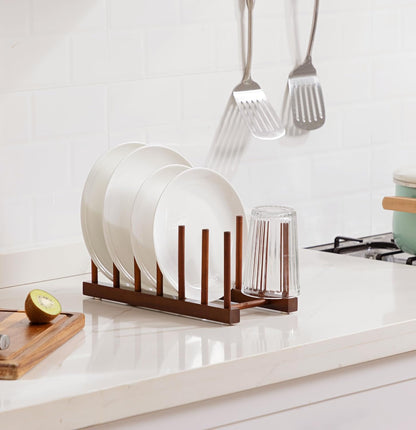 Teak Wooden Dish Drying Rack Kitchen Plate Organizer Pot Lid Holder