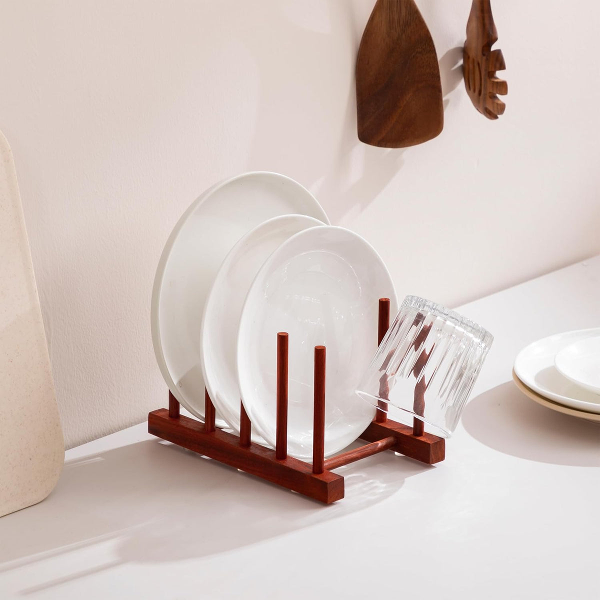 Teak Wooden Dish Drying Rack Kitchen Plate Organizer Pot Lid Holder