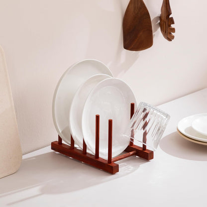 Teak Wooden Dish Drying Rack Kitchen Plate Organizer Pot Lid Holder