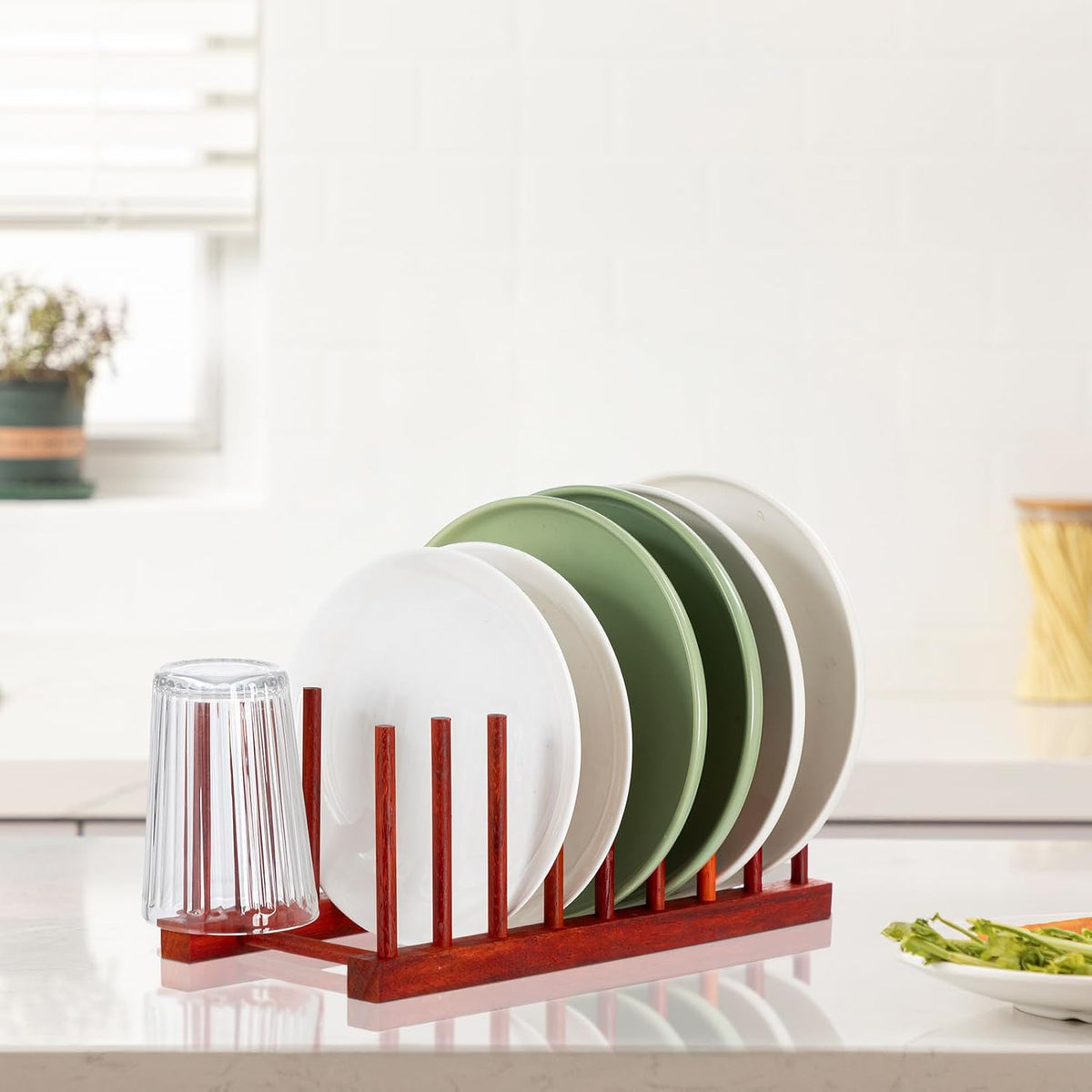 Teak Wooden Dish Drying Rack Kitchen Plate Organizer Pot Lid Holder