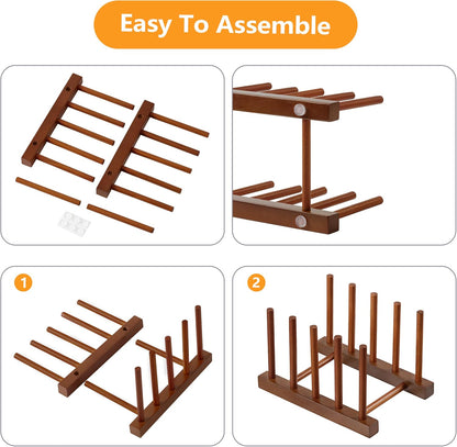 Teak Wooden Dish Drying Rack Kitchen Plate Organizer Pot Lid Holder