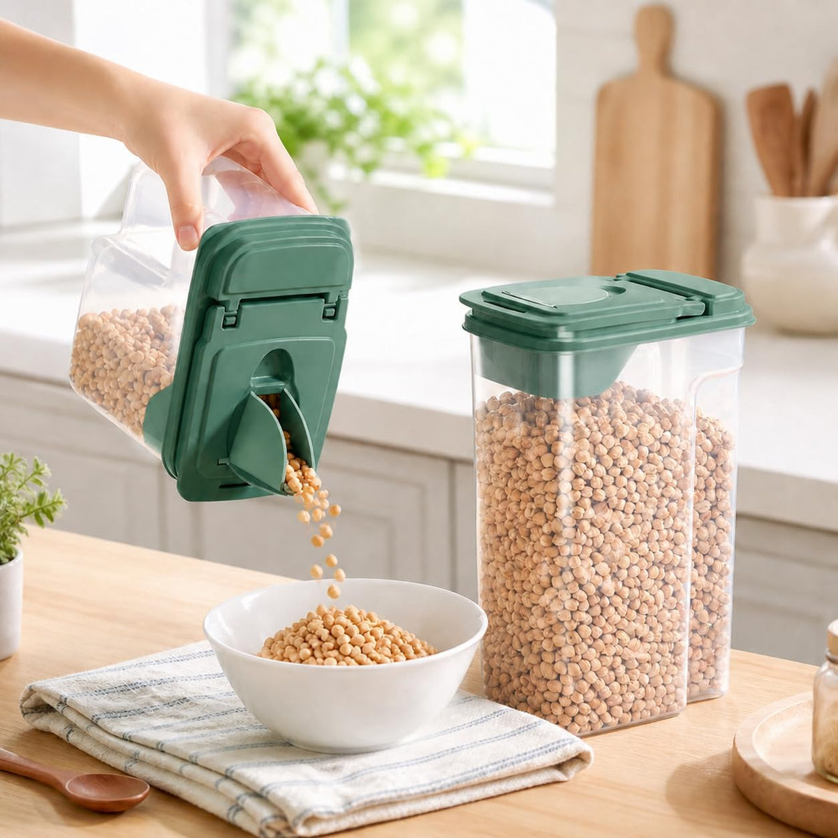 Tribello Food Storage Dispenser with Pour Spout Lid – Pantry Bin – Clear Slim Food Storage Container for Rice, Sugar, Cereal – BPA Free - Kitchen Organization (Large 3.8 Quarts)