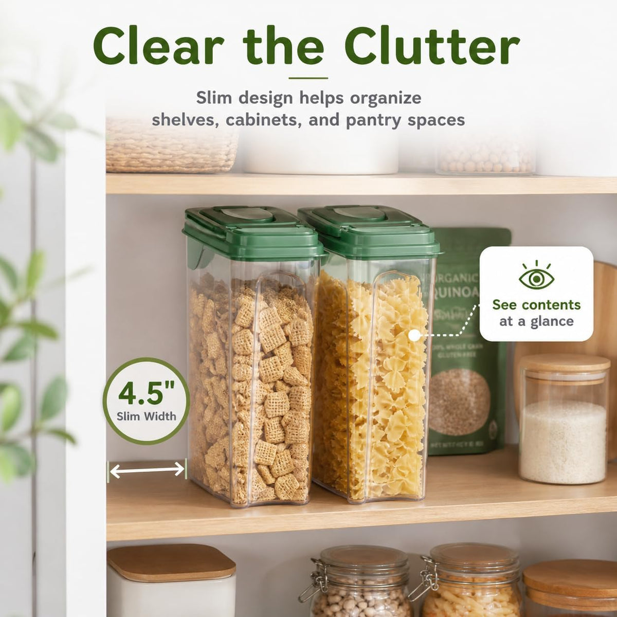 Tribello Food Storage Dispenser with Pour Spout Lid – Pantry Bin – Clear Slim Food Storage Container for Rice, Sugar, Cereal – BPA Free - Kitchen Organization (Large 3.8 Quarts)
