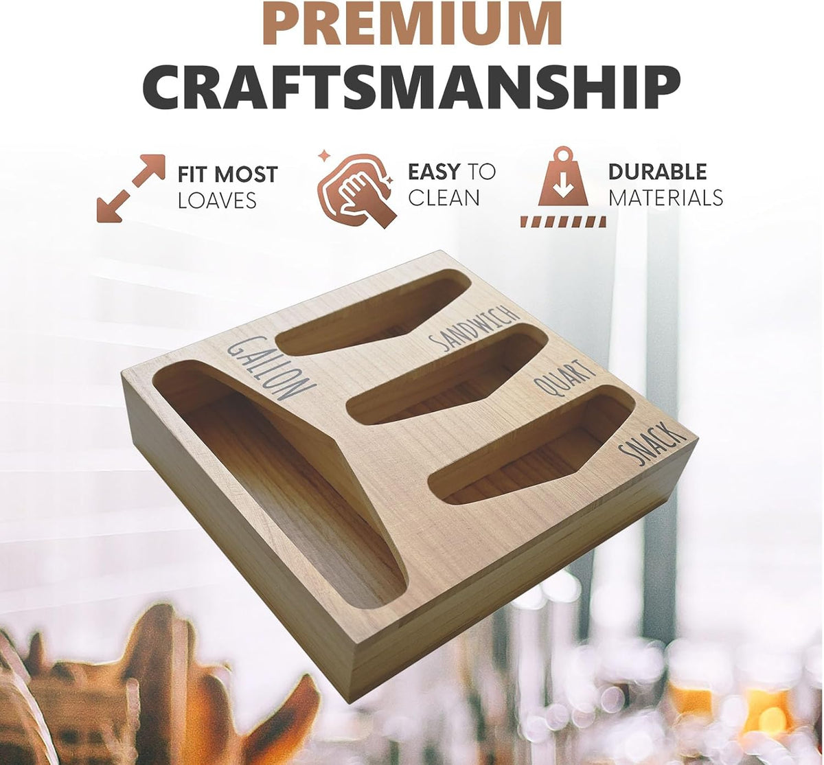 Bag Storage Organizer for Kitchen Drawer, Farmhouse Style Bags Organizer, Compatible with Gallon, Quart, Sandwich and Snack Variety Size Bag (Natural)