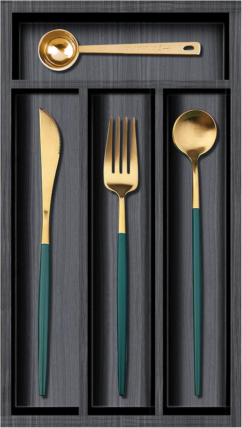 Black Small Kitchen Silverware Drawer Organizer Wooden Cutlery Utensil Tray