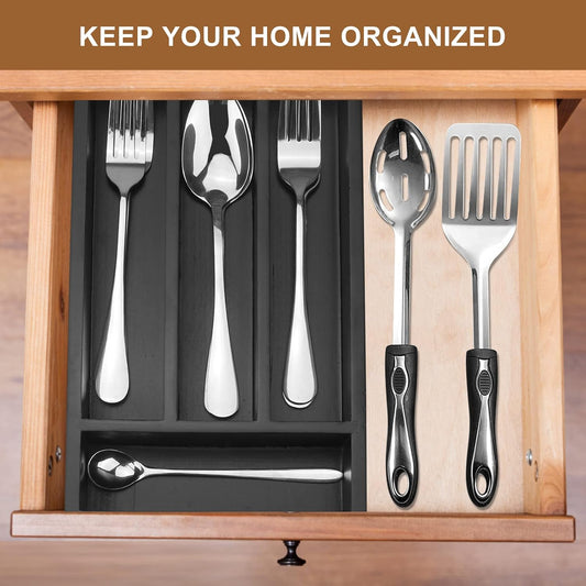 Black Small Kitchen Silverware Drawer Organizer Wooden Cutlery Utensil Tray