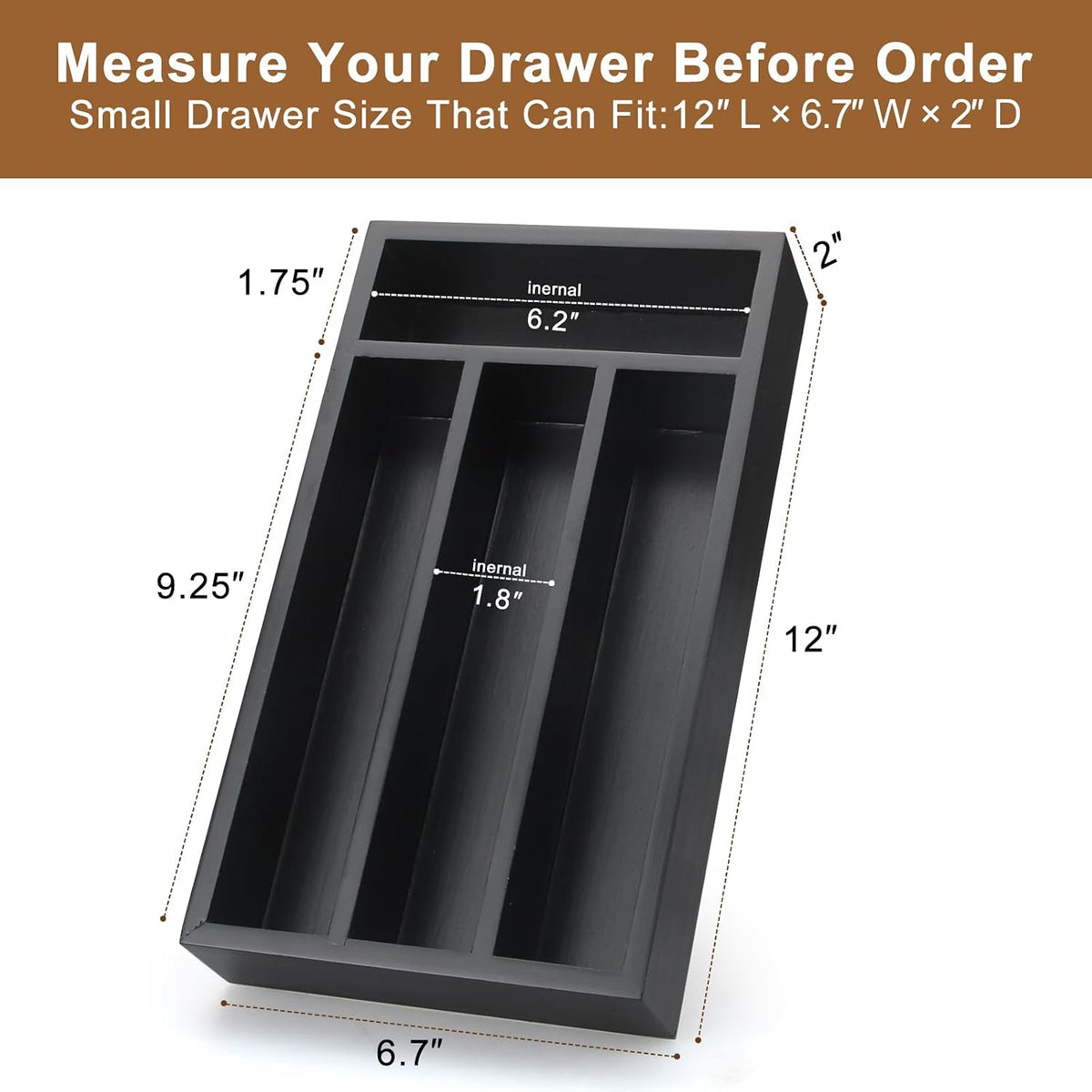 Black Small Kitchen Silverware Drawer Organizer Wooden Cutlery Utensil Tray