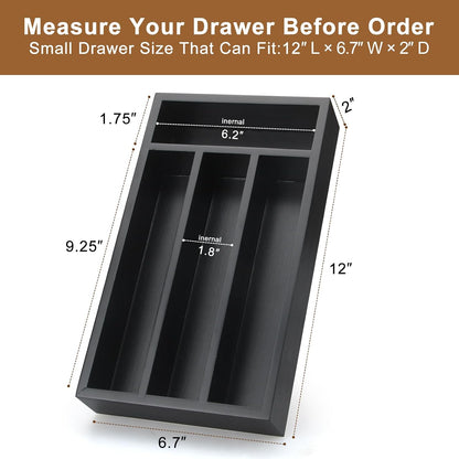 Black Small Kitchen Silverware Drawer Organizer Wooden Cutlery Utensil Tray