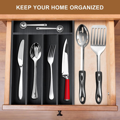 Black Small Kitchen Silverware Drawer Organizer Wooden Cutlery Utensil Tray