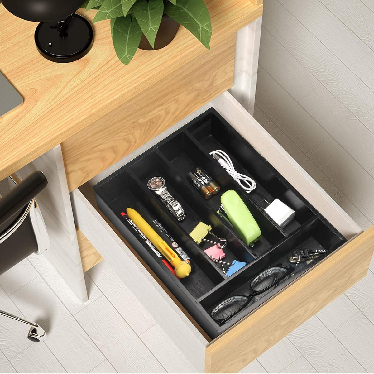 Black Small Kitchen Silverware Drawer Organizer Wooden Cutlery Utensil Tray