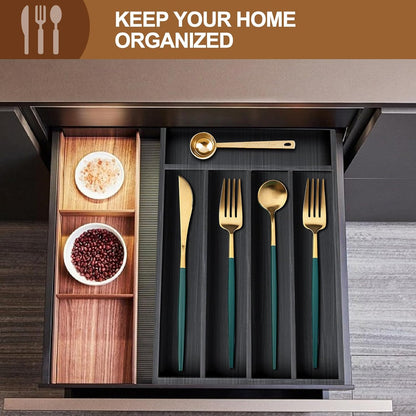 Black Small Kitchen Silverware Drawer Organizer Wooden Cutlery Utensil Tray