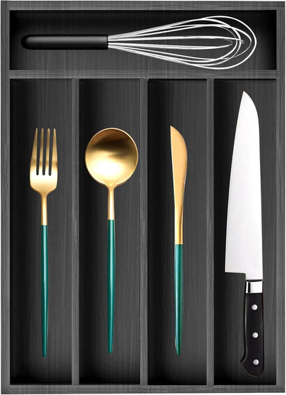 Black Small Kitchen Silverware Drawer Organizer Wooden Cutlery Utensil Tray