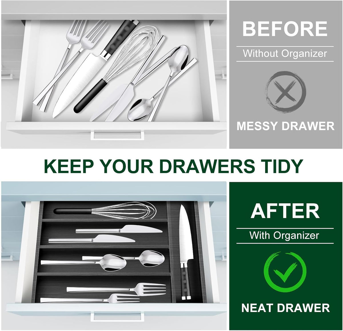 Black Small Kitchen Silverware Drawer Organizer Wooden Cutlery Utensil Tray